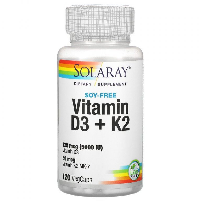 Solaray, витамины D3 и K2, без сои, 120 вегетарианских капсул