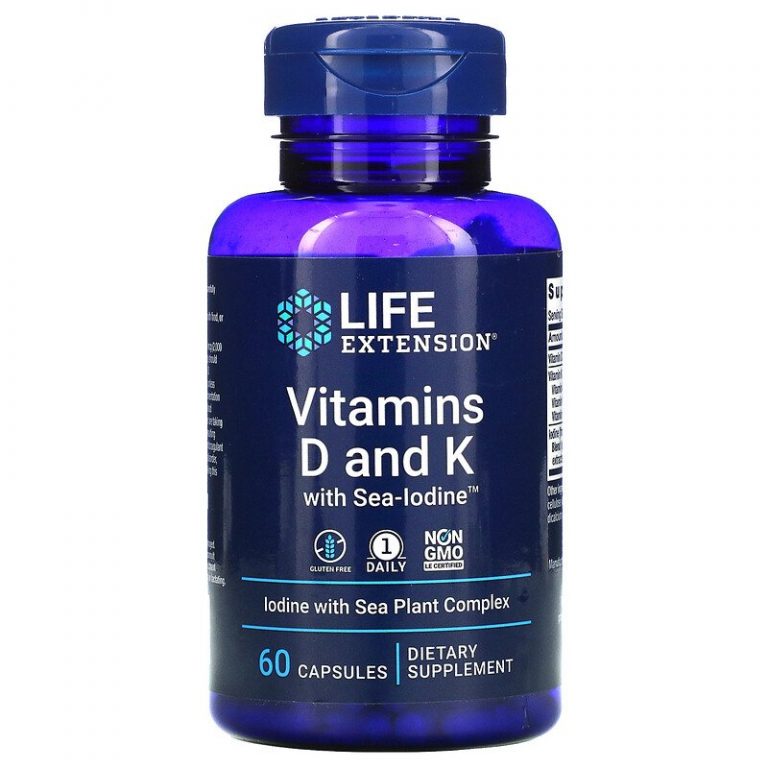 Life Extension, витамины D и К с Sea-Iodine, 125 мкг (5000 МЕ), 60 капсул